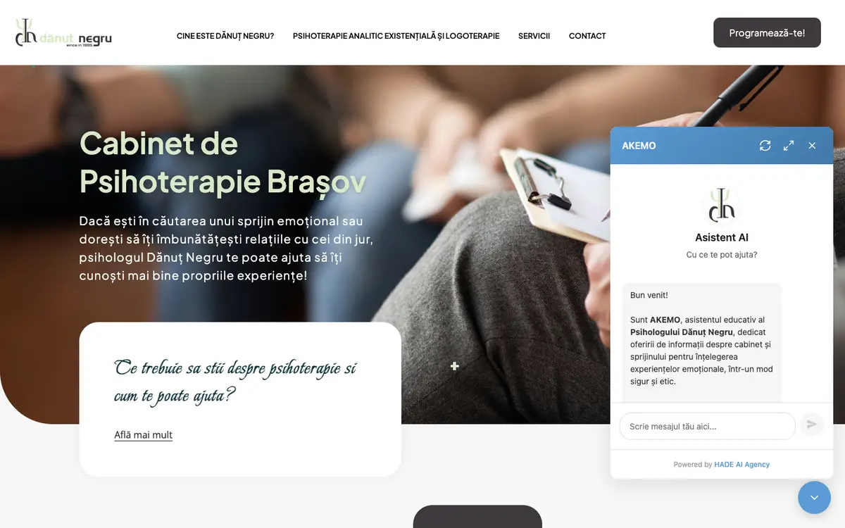 A psychotherapy practice website with its AI agent open