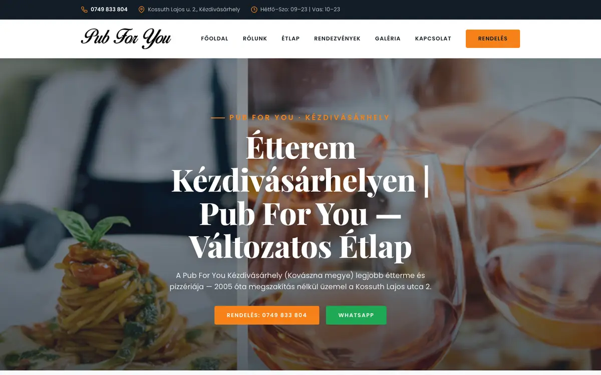 A restaurant website in Hungarian