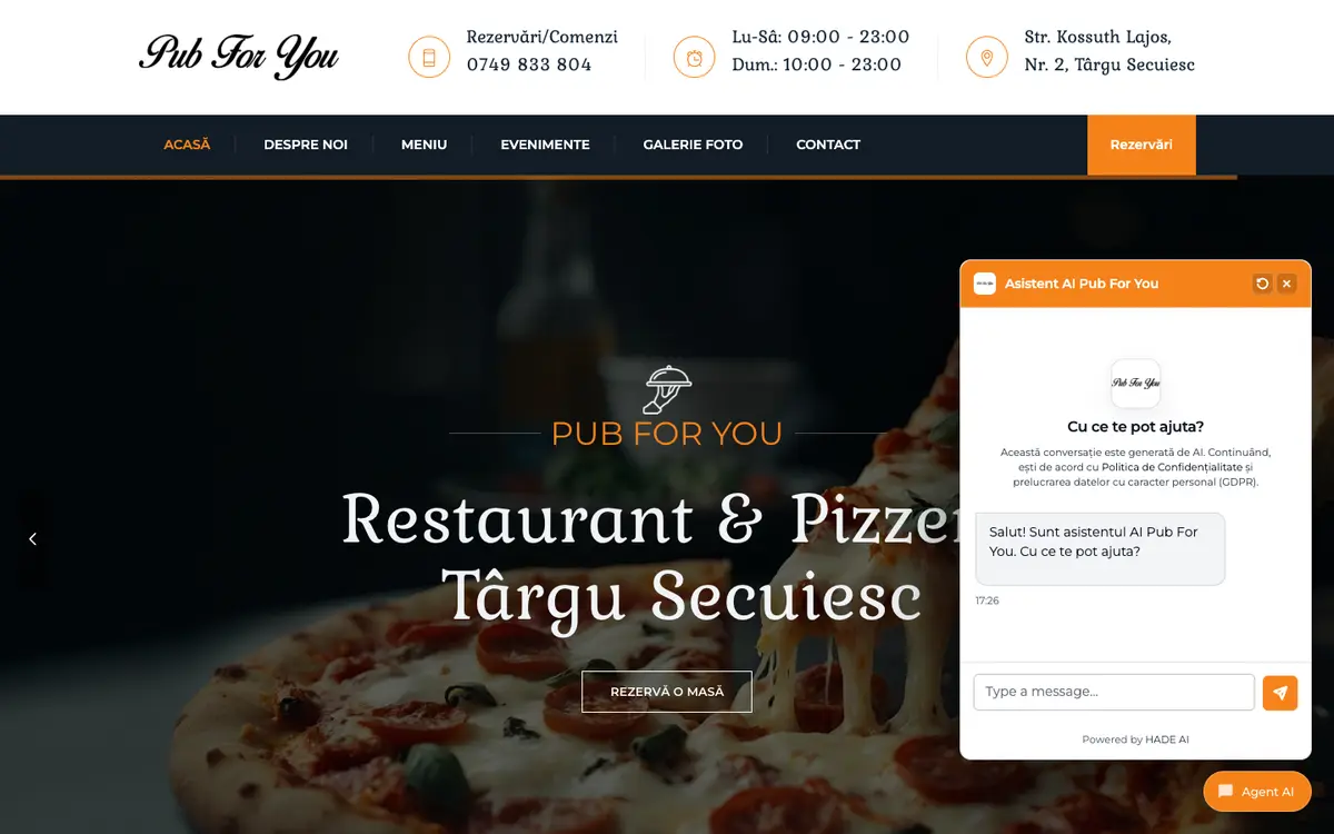 The pubforyou.ro restaurant website with its chatbot open
